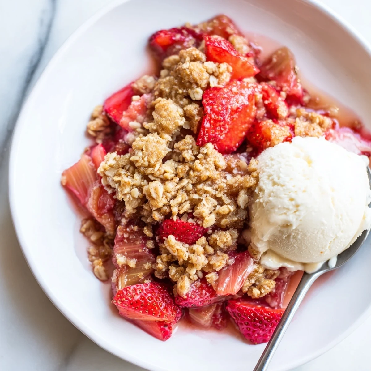 Strawberry Rhubarb Crisp with Oat Crumble served warm in a white dish with a scoop of vanilla ice cream melting on top.