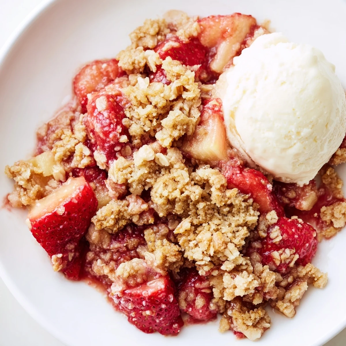 A close-up photo of homemade Strawberry Rhubarb Crisp with Oat Crumble, golden-brown topping, and juicy red fruit peeking through.
