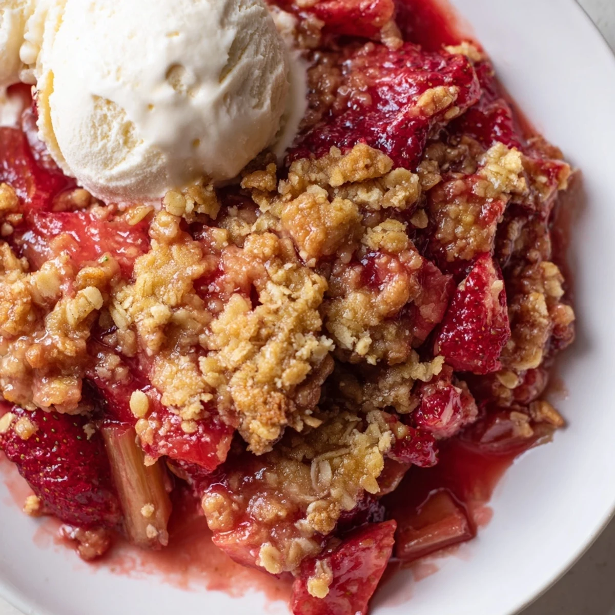 A rustic wooden table displays a slice of Strawberry Rhubarb Crisp with Oat Crumble, its bubbling fruit filling and crunchy crumble inviting.
