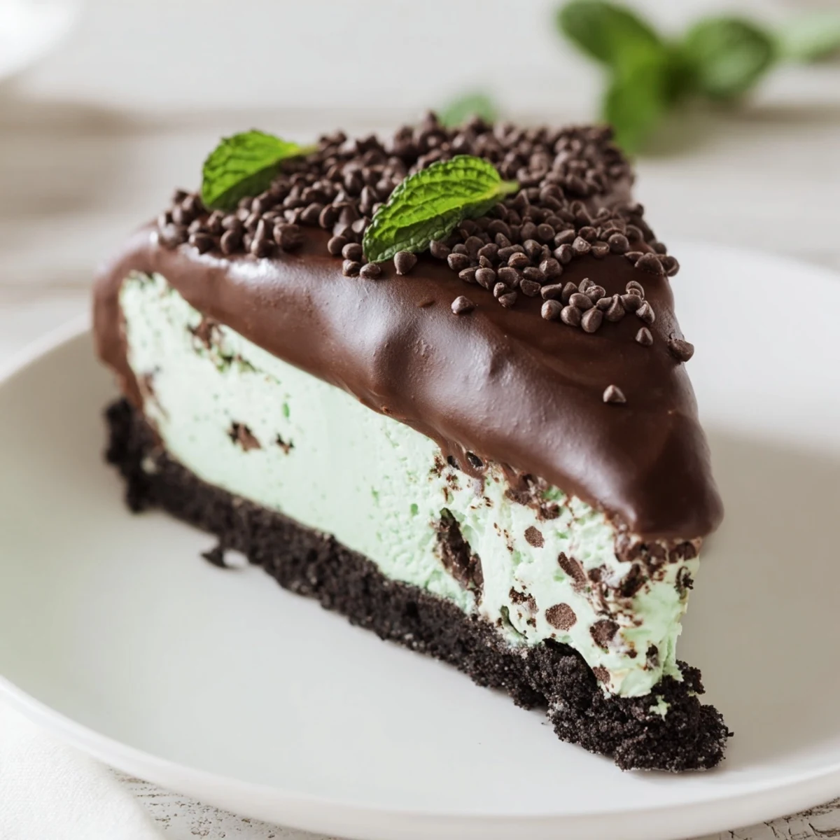 A chilled slice of Mint Chocolate Chip Ice Cream Cake showcases smooth minty ice cream layered on a crunchy chocolate cookie crust.