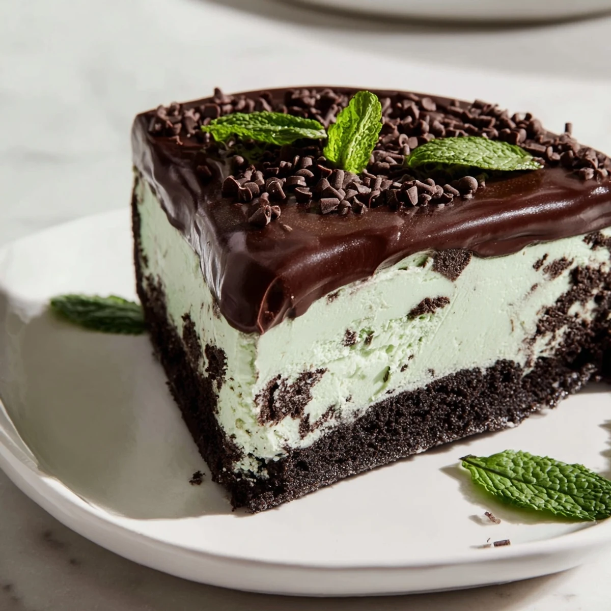 Serve this Mint Chocolate Chip Ice Cream Cake adorned with fresh mint leaves on a summer dessert table.
