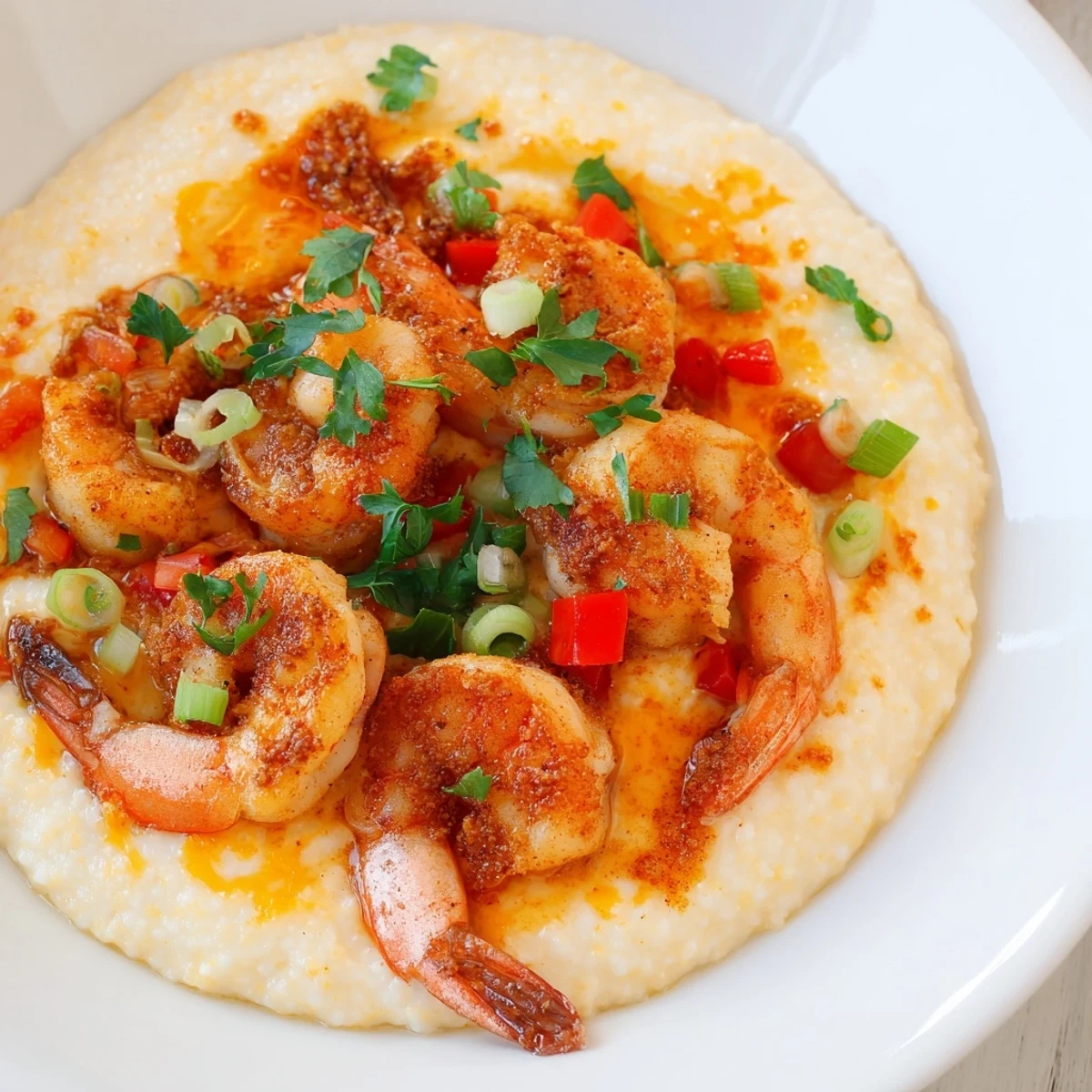 Steaming creamy sharp cheddar grits cradle plump Cajun shrimp in this Southern classic. 