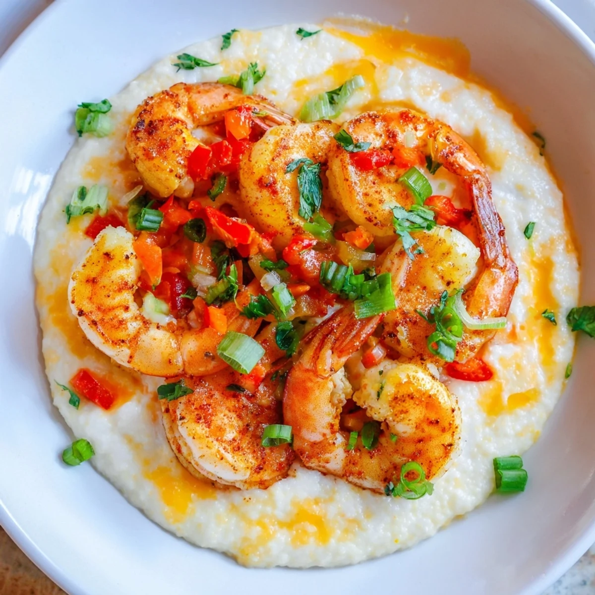 Golden Cajun shrimp rest atop velvety cheddar grits, garnished with fresh green onions. 