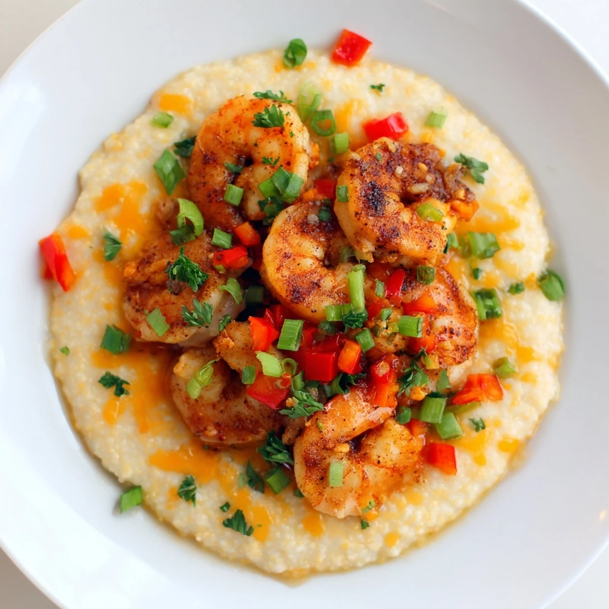 A rustic bowl of Cajun shrimp and grits ready for a comforting Southern dinner.