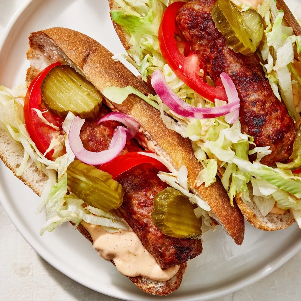 Grilled Cajun beef sausage po boy sandwiches on a toasted baguette with creamy remoulade sauce.