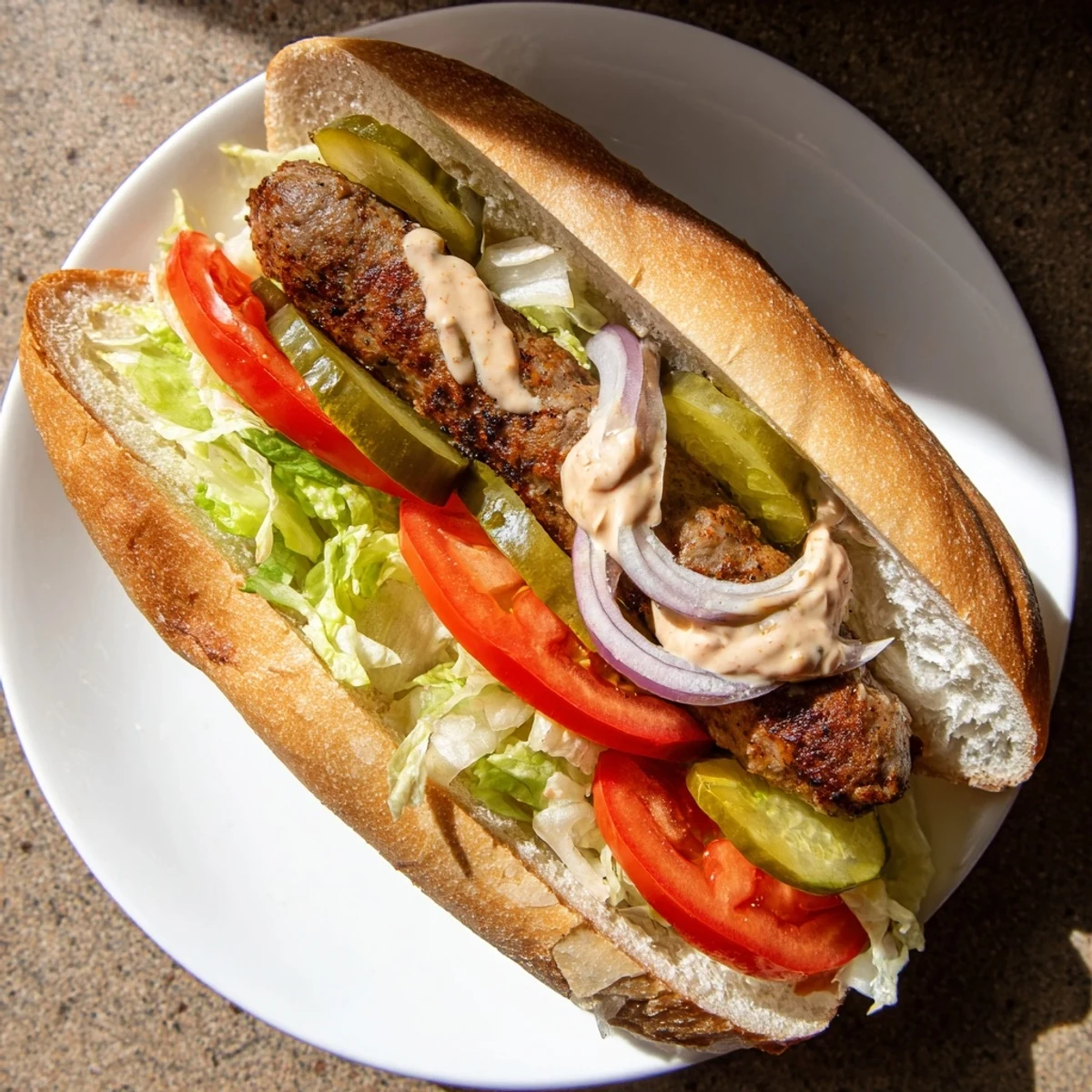 Cajun beef sausage po boy sandwich loaded with crisp lettuce, ripe tomatoes, and tangy pickles.