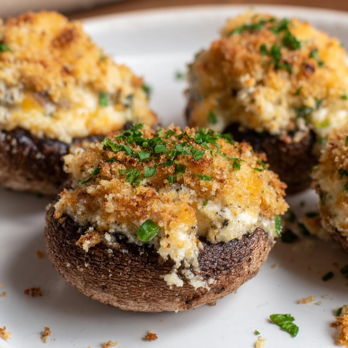 Golden baked Mozzarella Popper Stuffed Mushrooms with melted cheese and spices on a rustic wooden board, served as a warm appetizer.