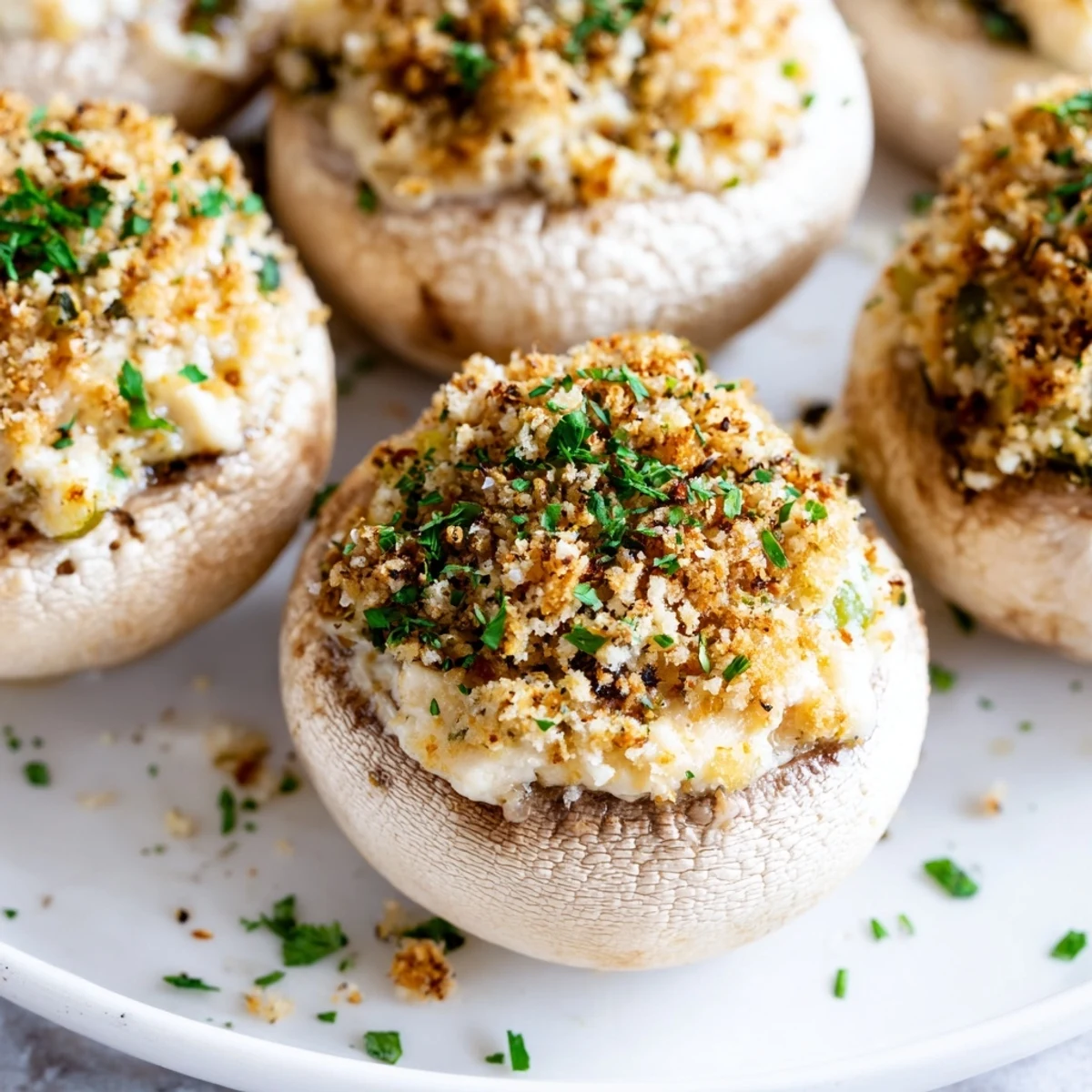 A close-up of Mozzarella Popper Stuffed Mushrooms with creamy filling and crunchy topping, perfect for game day gatherings.