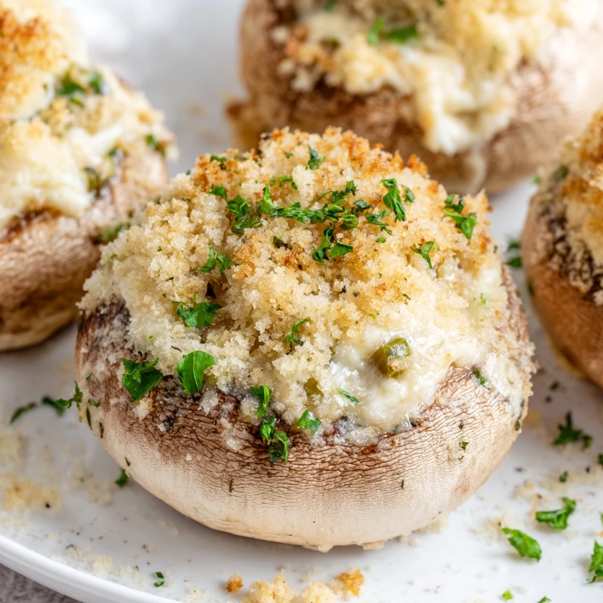 Freshly baked Mozzarella Popper Stuffed Mushrooms garnished with parsley on a platter, ideal for entertaining guests.