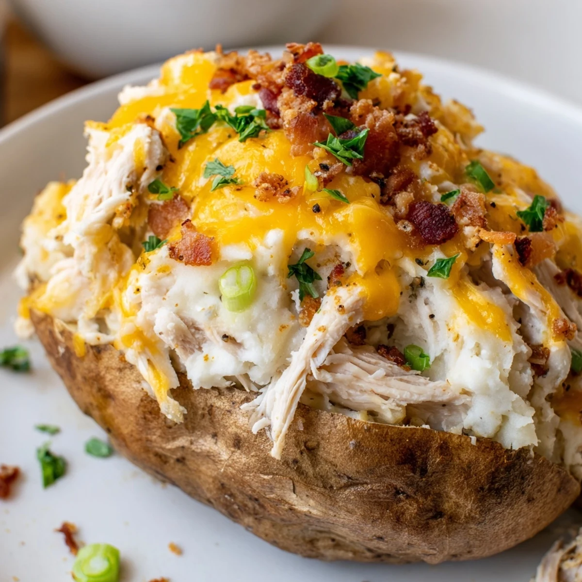 Golden-brown baked russet potato halves stuffed with creamy chicken and cheddar filling, topped with melted cheese and parsley.