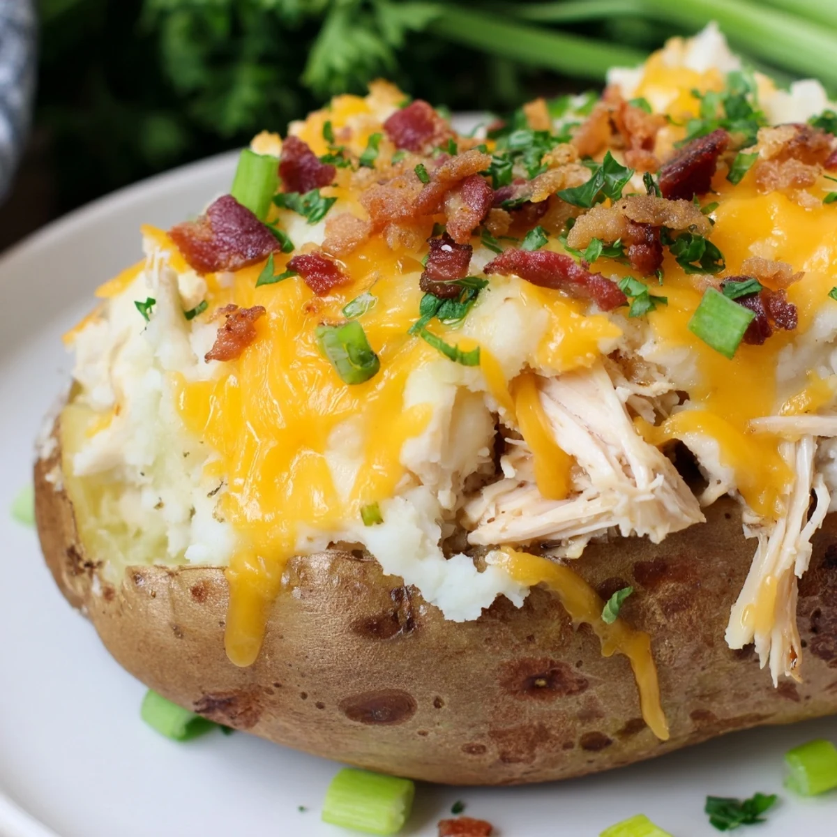 Savory Mud Chicken Stuffed Twice Baked Potatoes served hot on a rustic plate, perfect for a hearty American dinner.
