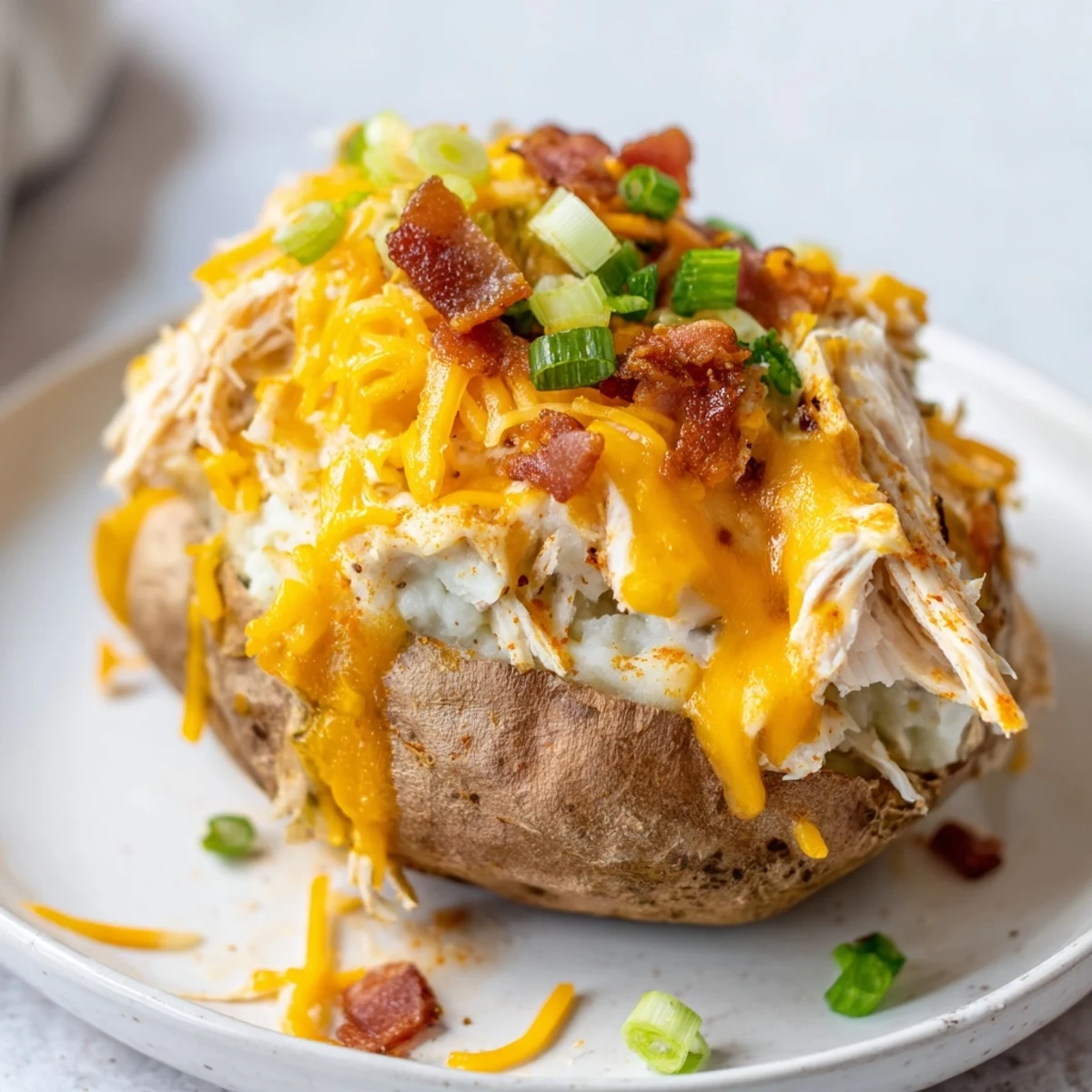 Individually plated Mud Chicken Stuffed Twice Baked Potatoes with golden cheese crust and green onion garnish on a wooden surface.
