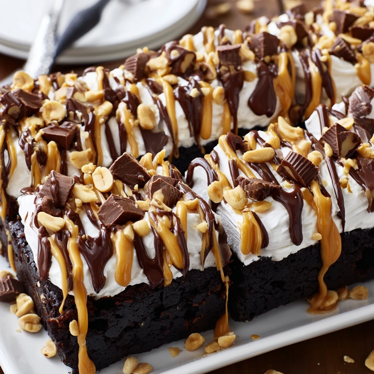Moist chocolate cake soaked with peanut butter pudding, topped with whipped cream and drizzle.