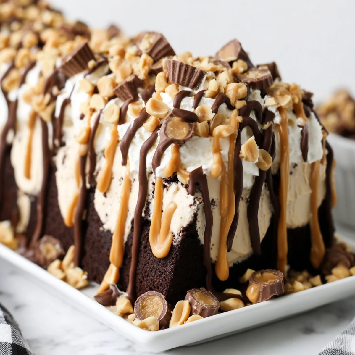 Decadent Chocolate Peanut Butter Poke Cake slices reveal creamy filling inside a rich chocolate base.