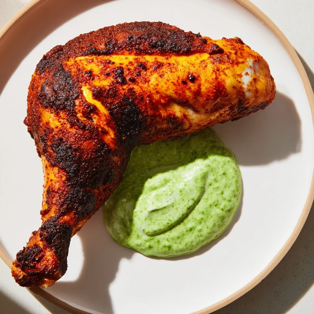 Roasted Peruvian chicken with creamy green sauce sits carved beside a vibrant, herb-filled dipping bowl on a rustic table.