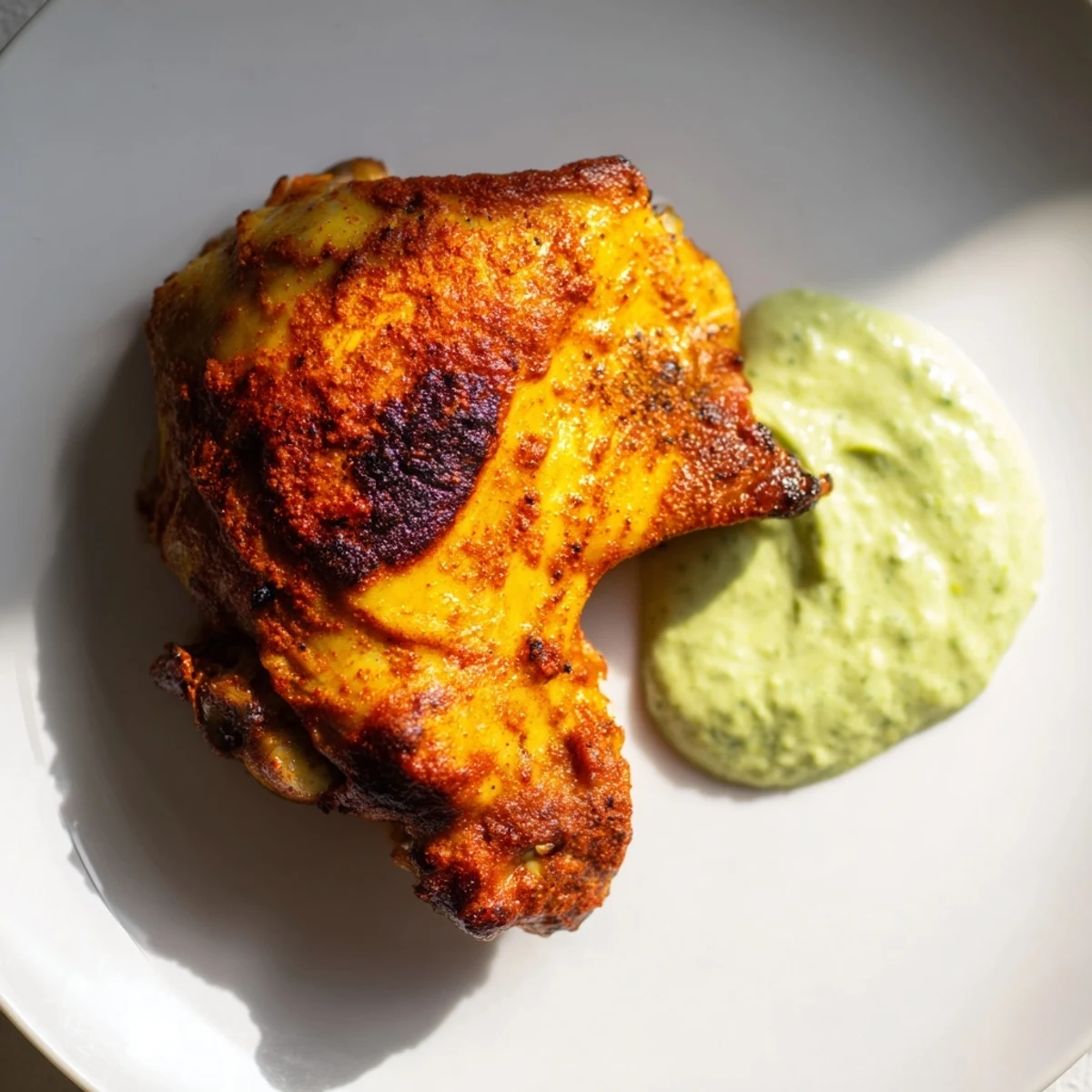 Juicy spiced Peruvian roast chicken is served with a bright green cilantro jalapeño sauce, perfect for slicing and sharing.