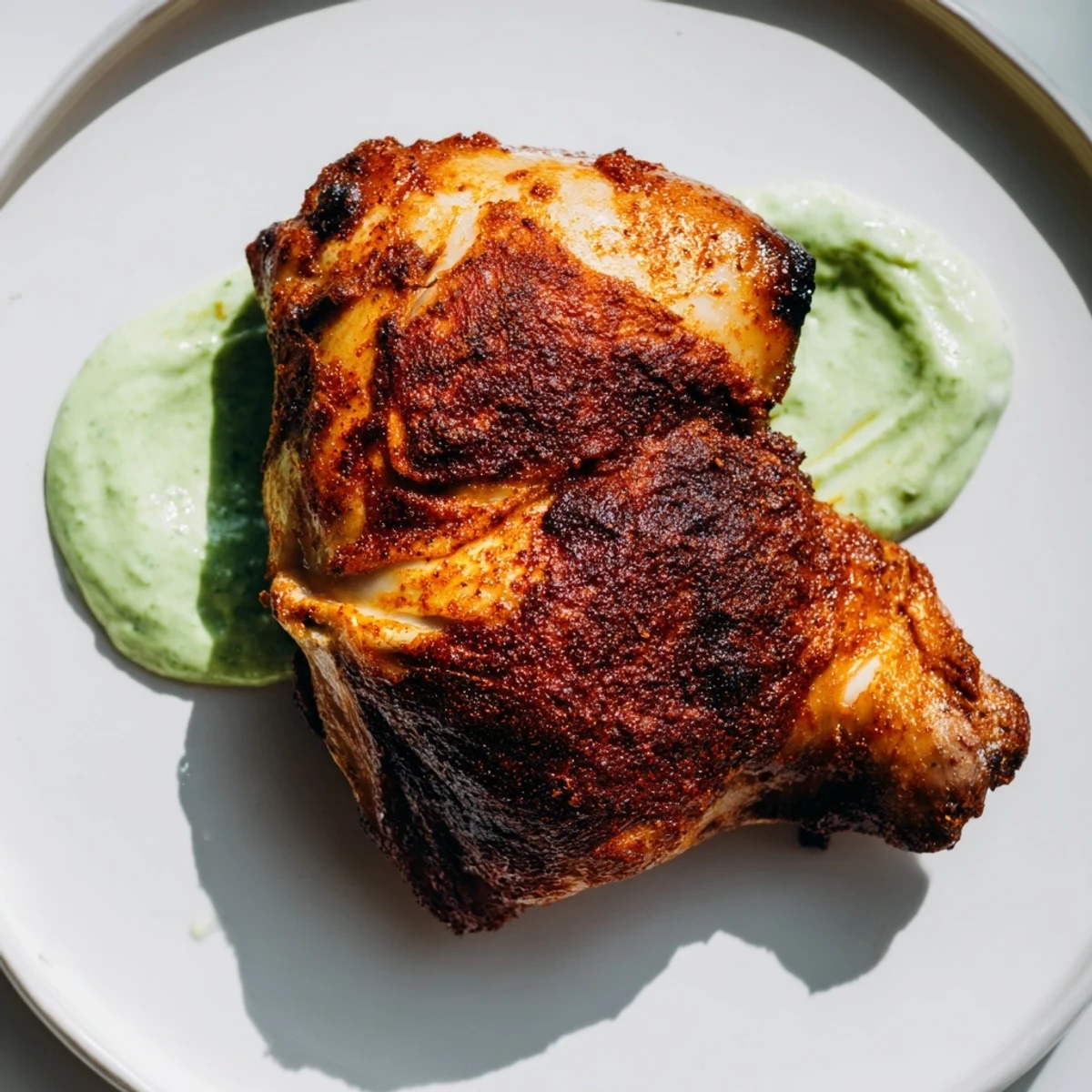 Golden brown Peruvian roast chicken rests on a platter with creamy green sauce, ready to enjoy with roasted potatoes.