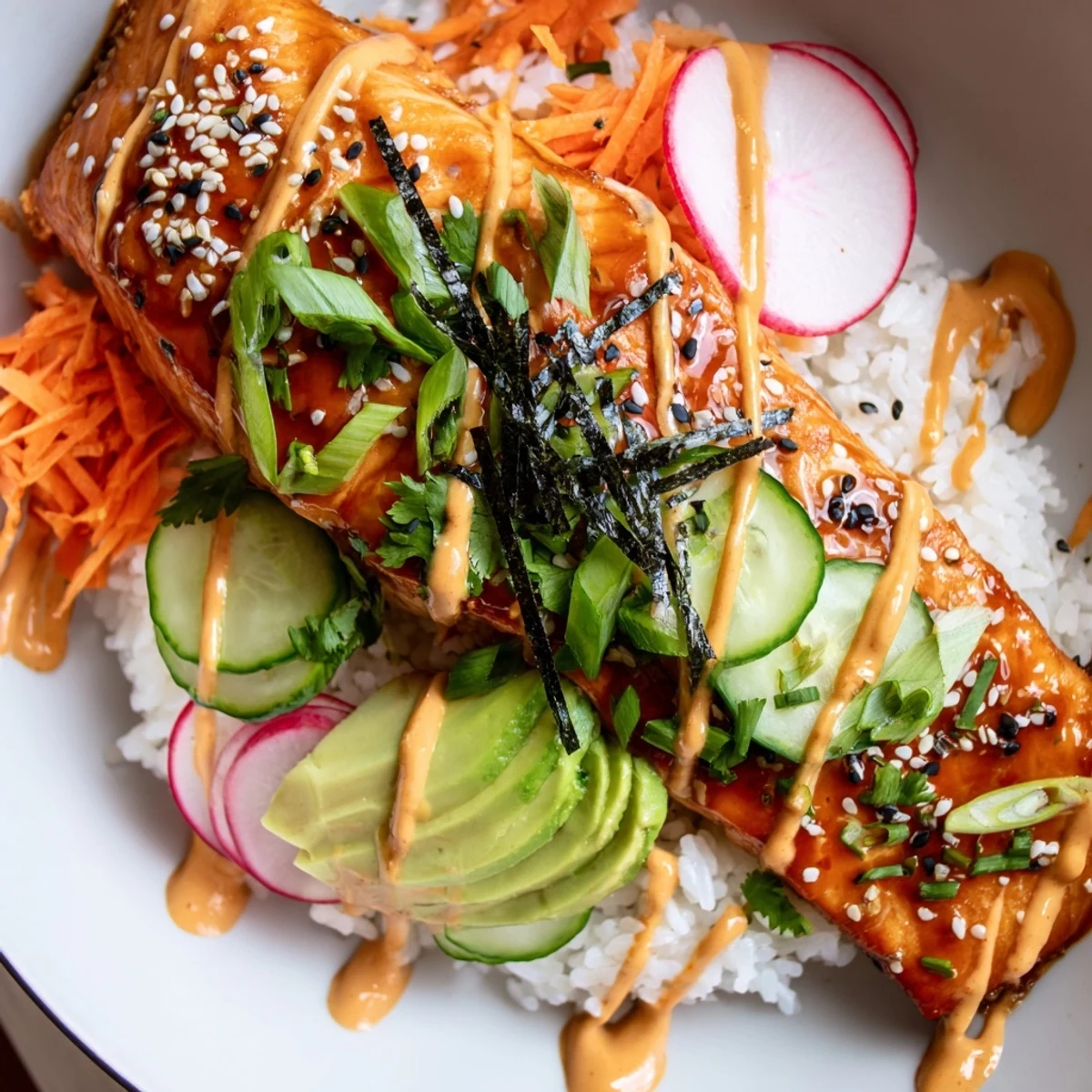 Tender glazed salmon and crunchy pickled vegetables make these teriyaki salmon rice taco bowls a flavorful meal.