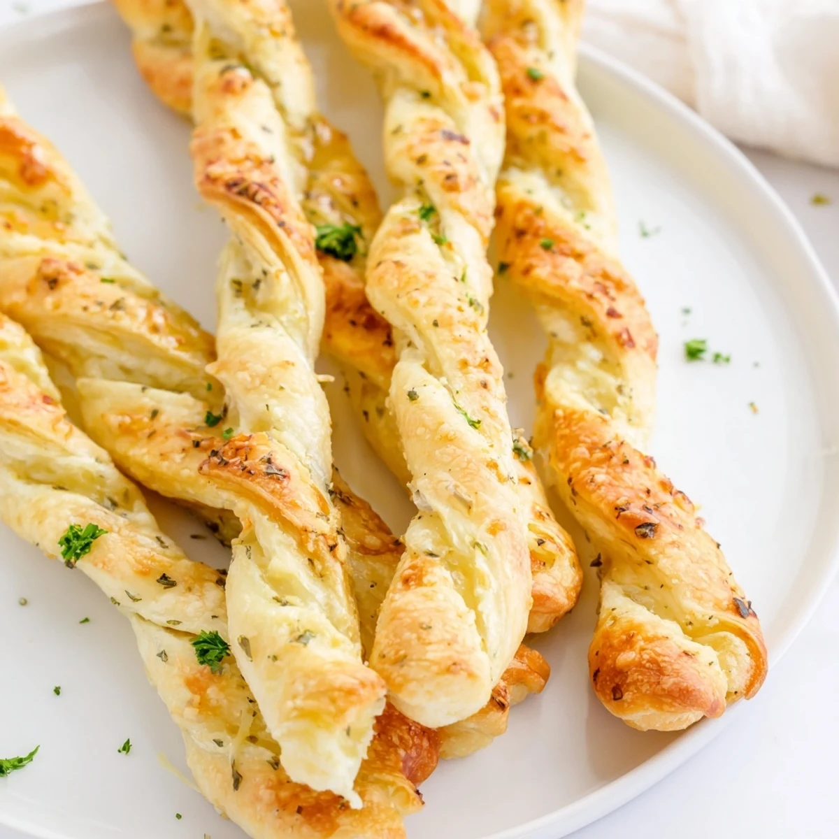 Golden Crispy Air Fryer Pizza Cheese Bread Twists resting on a white plate with a small bowl of red dipping sauce.
