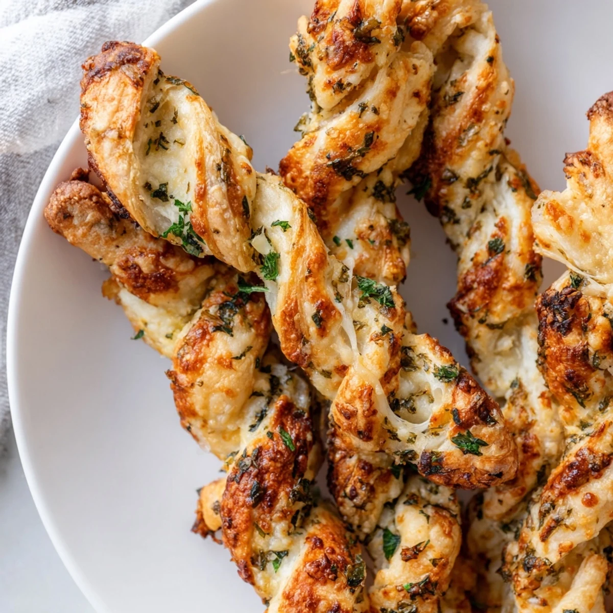 Close-up view of Crispy Air Fryer Pizza Cheese Bread Twists showing crunchy texture and garlic butter brush marks.