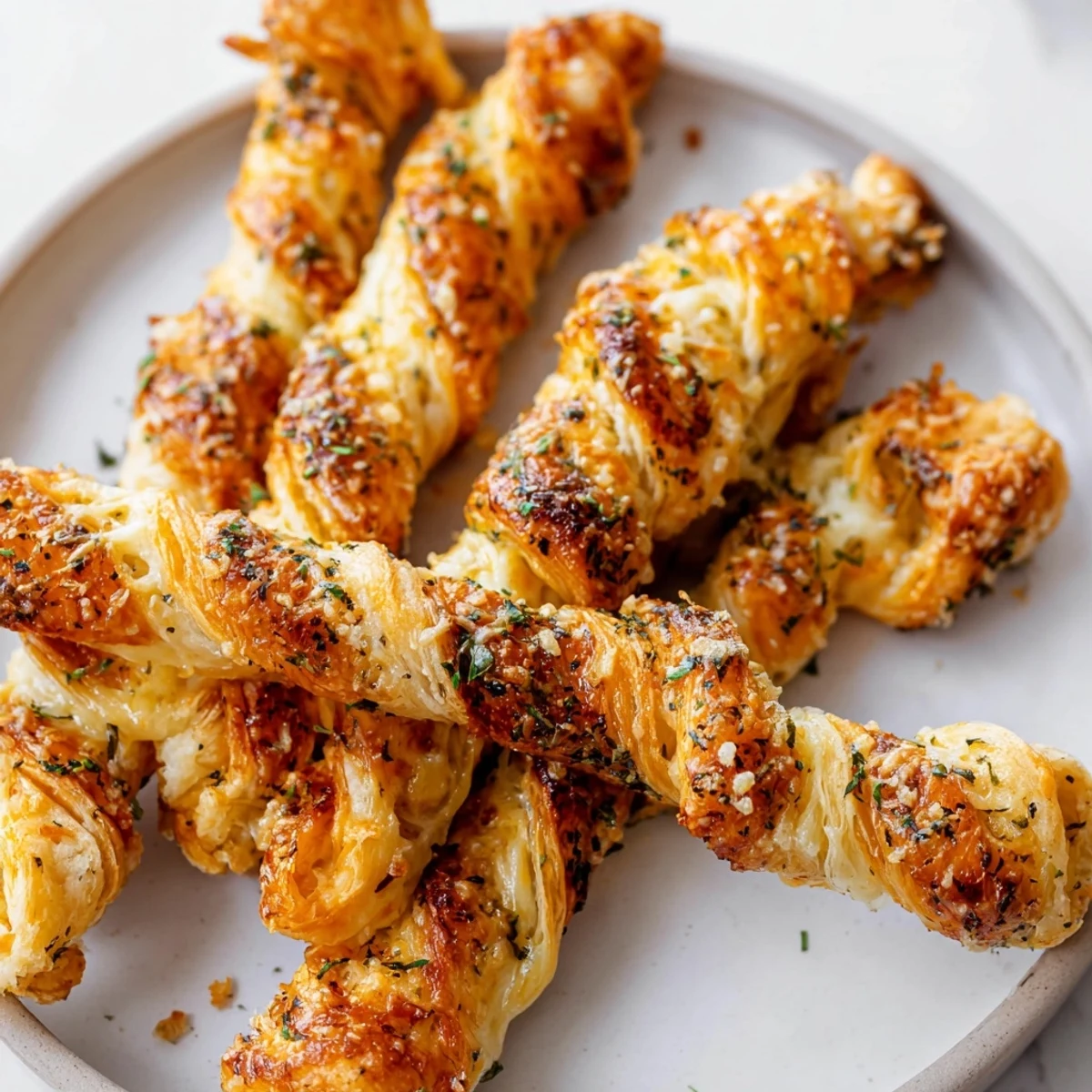Freshly cooked Crispy Air Fryer Pizza Cheese Bread Twists with melted mozzarella and herbs on a wooden cutting board.