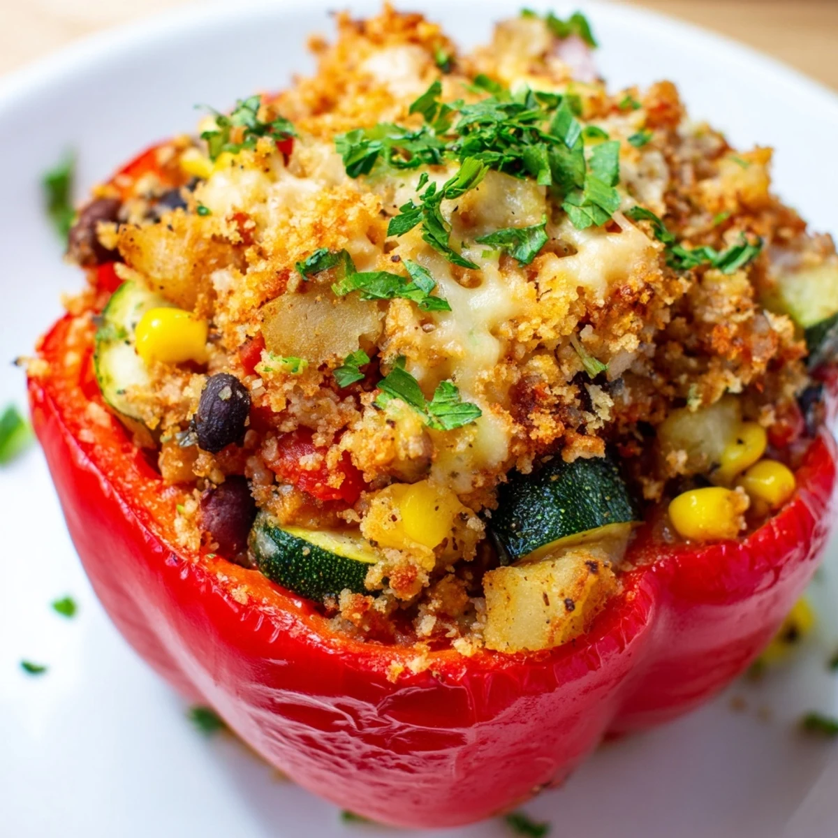 Golden-brown bell peppers stuffed with creamy Cajun potato filling, garnished with fresh parsley on a rustic wooden table.