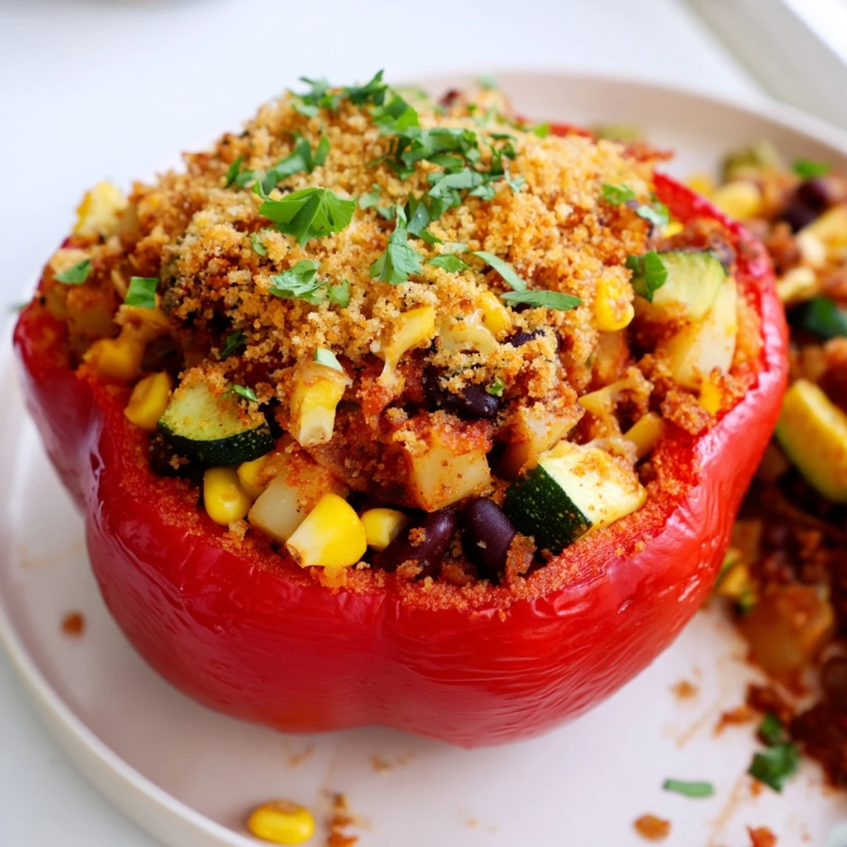 Cajun Potato Stuffed Bell Peppers sit on a baking sheet, melted cheese bubbling over tender roasted peppers.