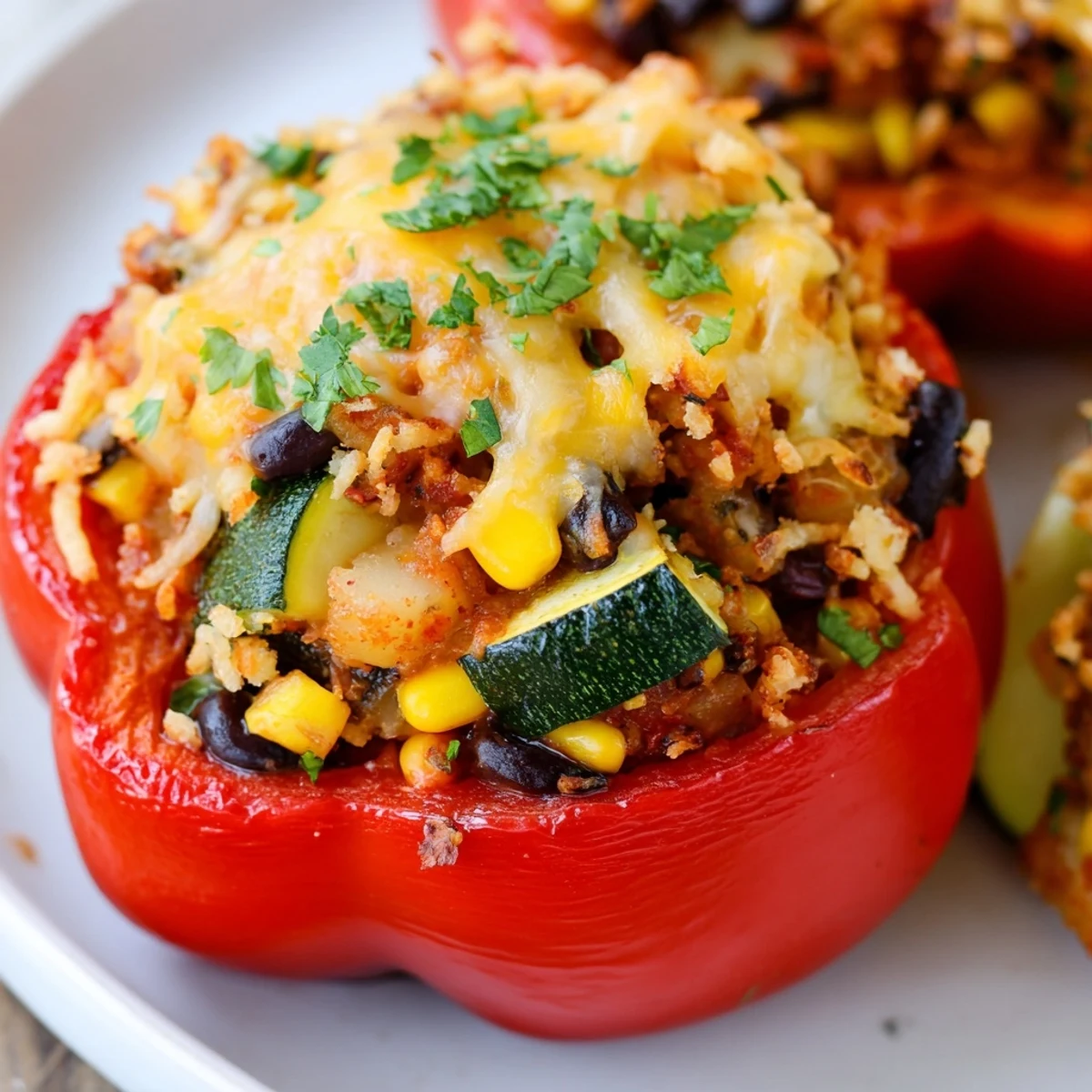 A vibrant serving of Cajun Potato Stuffed Bell Peppers plated beside a crisp green salad for a hearty main dish.