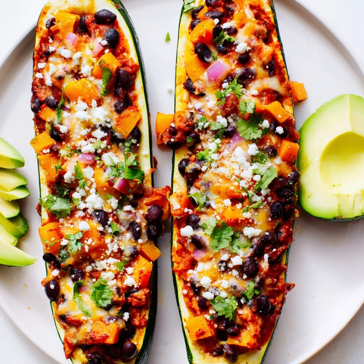 Hearty vegetarian enchilada boats featuring tender roasted squash, beans, and zesty red sauce on a dinner plate.