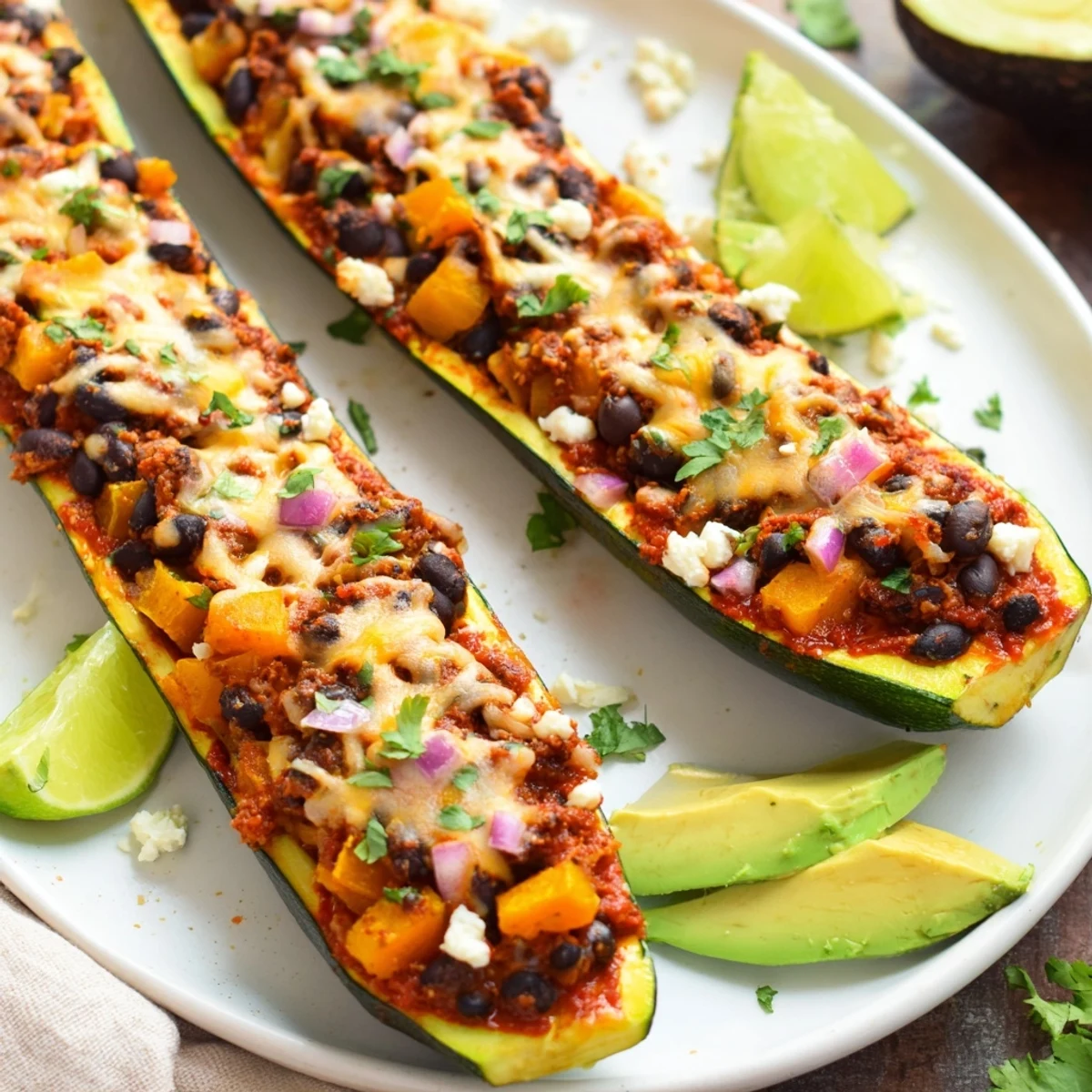 Golden roasted zucchini boats filled with savory black bean and butternut squash mixture, topped with melted cheese.