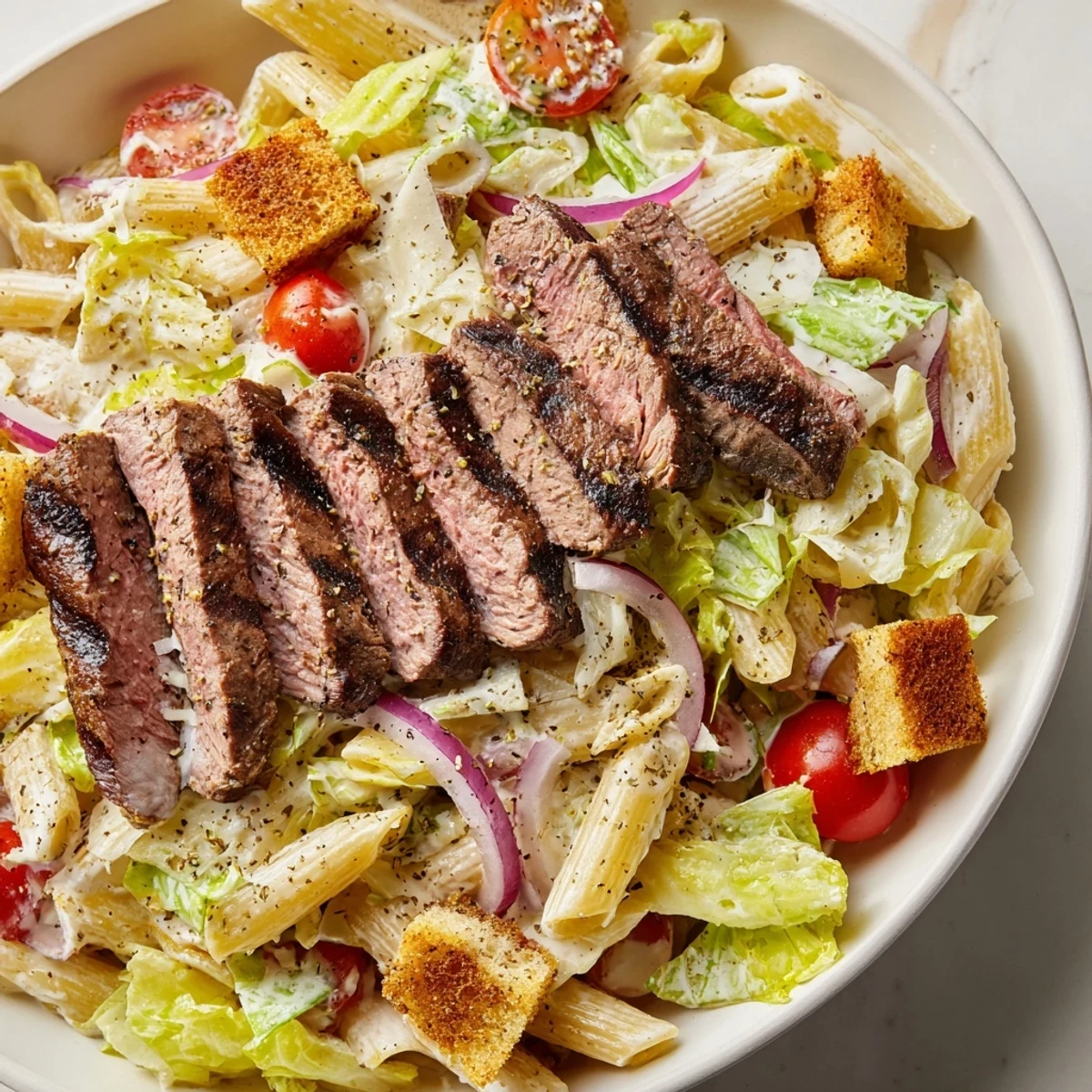 A hearty plate of flavorful Steak Caesar Pasta Salad features al dente pasta, shaved Parmesan, and crunchy croutons ready to serve.