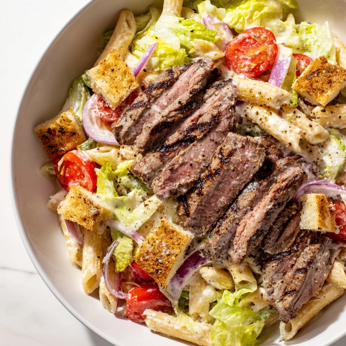 Close-up of flavorful Steak Caesar Pasta Salad displaying sliced steak, creamy Caesar dressing, and vibrant vegetables on a wooden table.