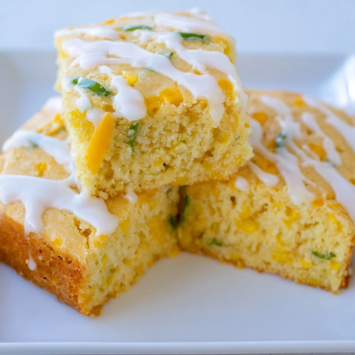 A square slice of moist Spicy Sweet Jalapeño Cornbread with Zesty Lime Drizzle on a rustic plate.