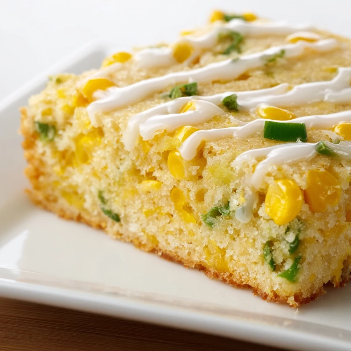 Freshly baked golden Spicy Sweet Jalapeño Cornbread with Zesty Lime Drizzle ready to serve warm.