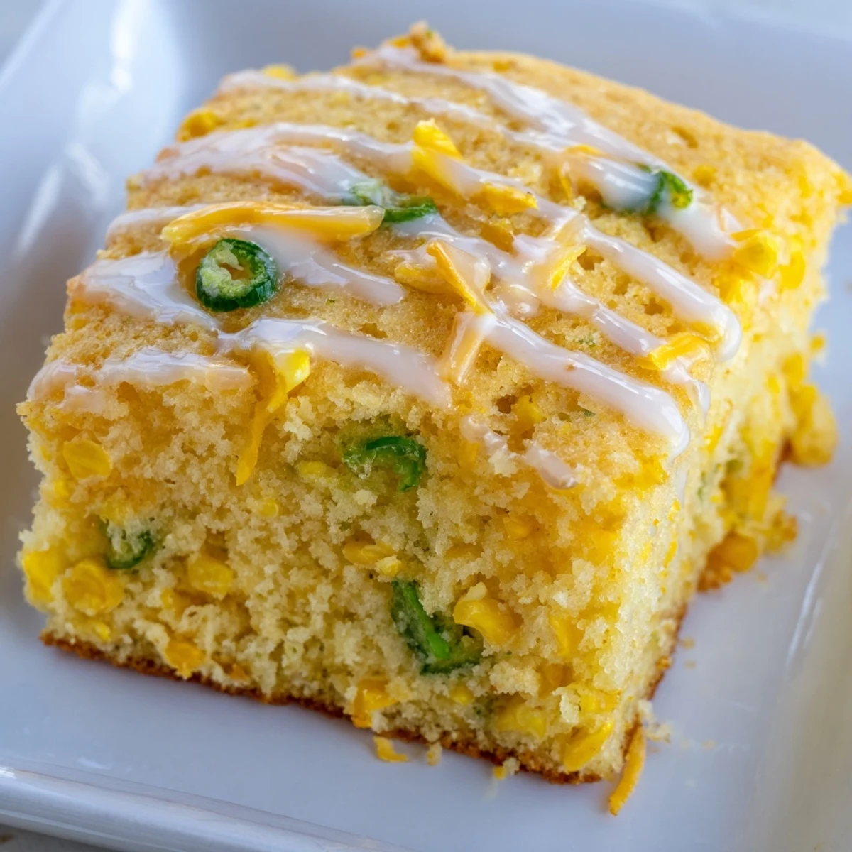 A close-up of warm Spicy Sweet Jalapeño Cornbread featuring a glossy Zesty Lime Drizzle topping.