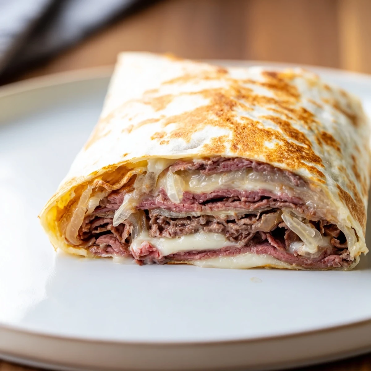 Golden-brown Easy French Dip Tortilla Roll Ups fresh from the oven, showing melted provolone cheese and tender roast beef on a rustic wooden board.