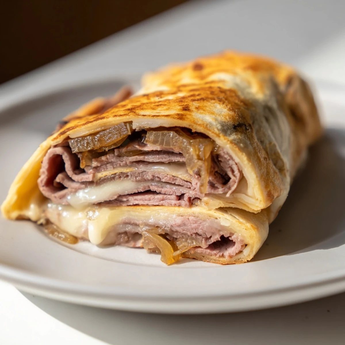A platter of sliced Easy French Dip Tortilla Roll Ups with caramelized onions, served alongside a small bowl of steaming au jus for dipping.