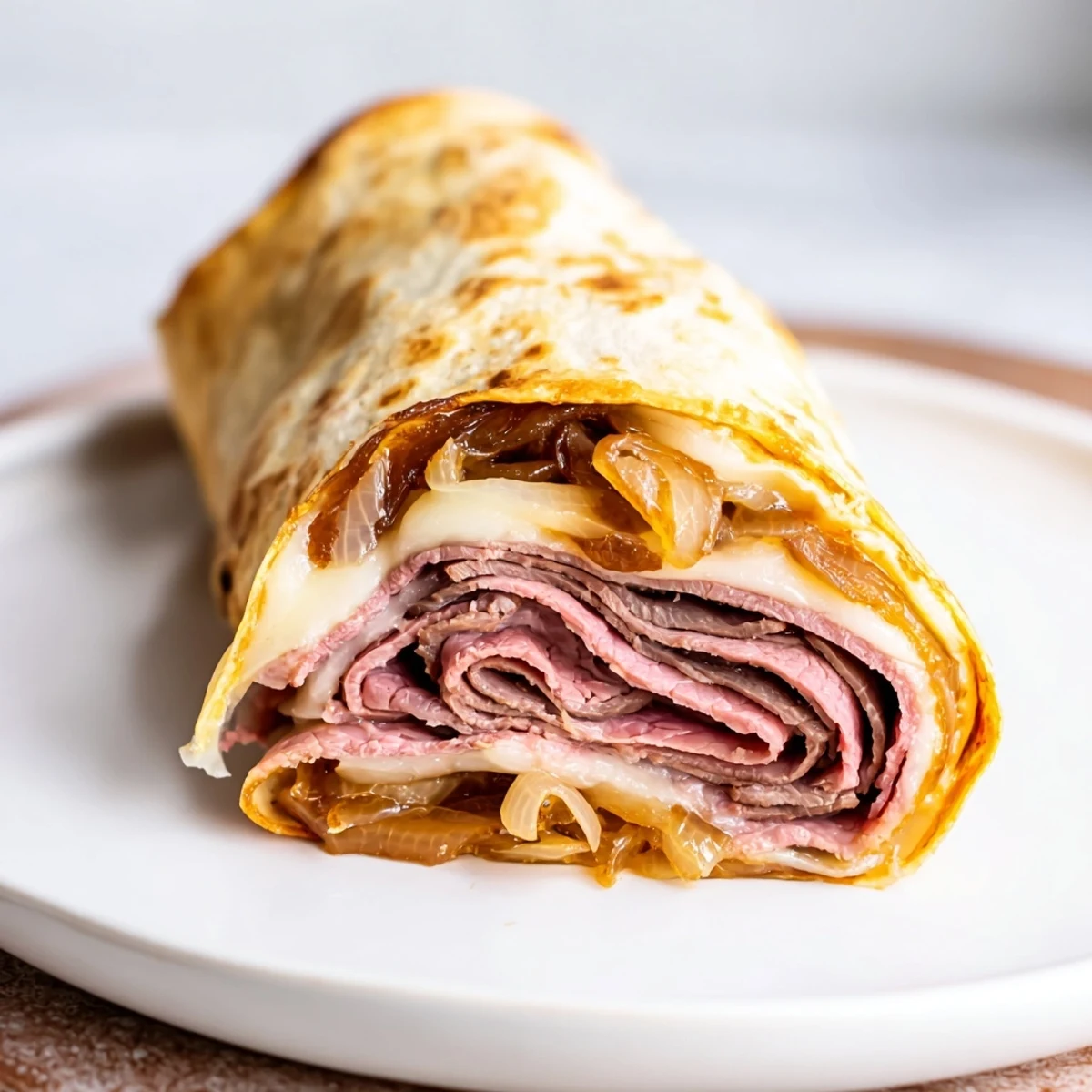 Close-up of Easy French Dip Tortilla Roll Ups, featuring a crispy tortilla exterior and a rich, savory filling of beef and melted cheese.