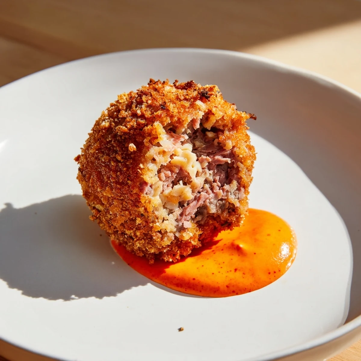Crispy, golden-brown Reuben Balls with Spicy Thousand Island sit beside fresh rye bread slices.