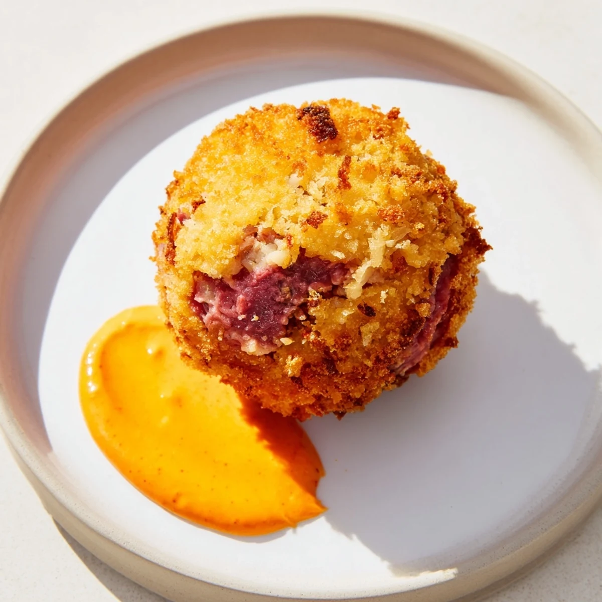 Fried Reuben Balls with Spicy Thousand Island dipping sauce on a rustic platter.