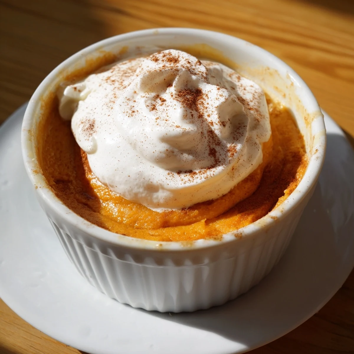 Warmly spiced Effortless Baked Pumpkin Pudding served chilled with whipped cream and cinnamon dusting.