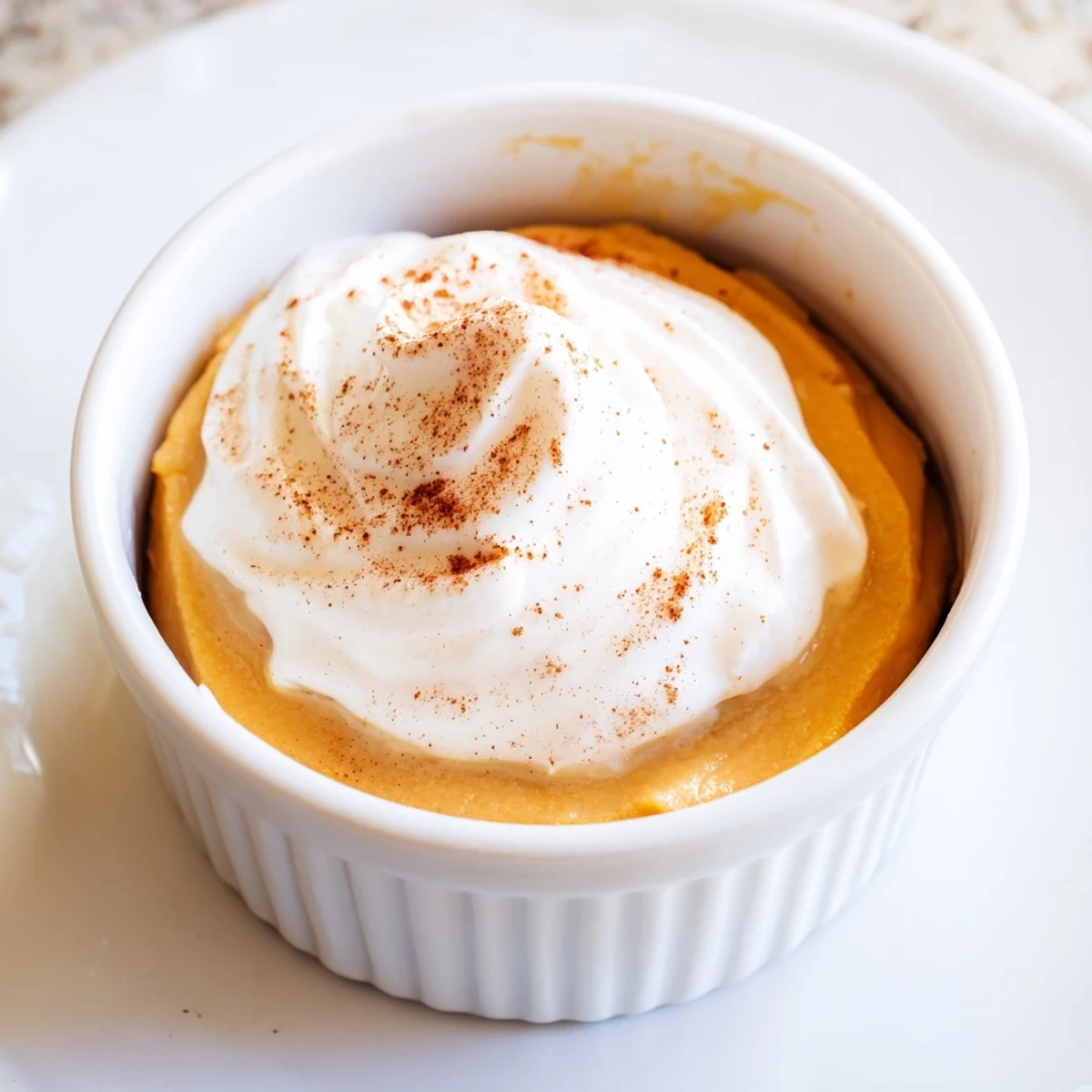 Golden brown Effortless Baked Pumpkin Pudding in a white dish, topped with pecans and spoon.