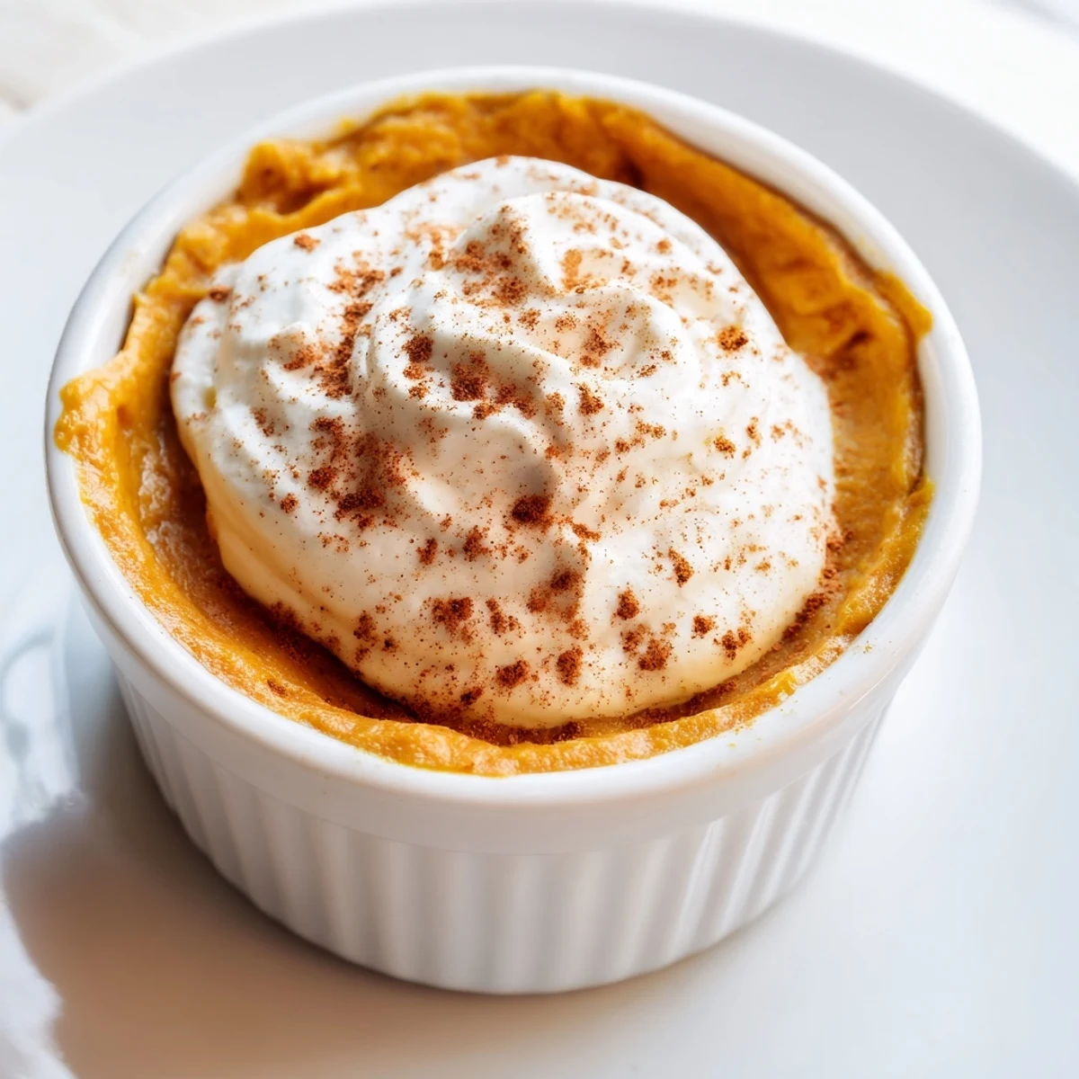 Creamy, silky Effortless Baked Pumpkin Pudding baked in ramekins, garnished with a dollop of whipped cream.