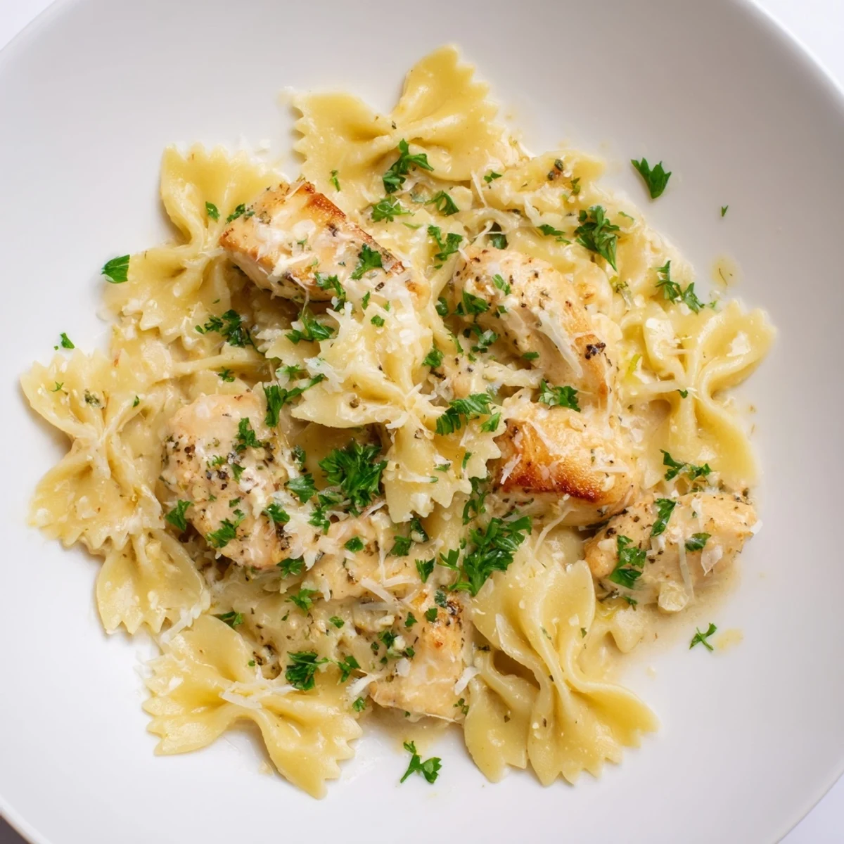 A close-up of Mozzarella Garlic Butter Chicken Bowties in Cheesy Cream, featuring golden chicken pieces and glossy pasta.