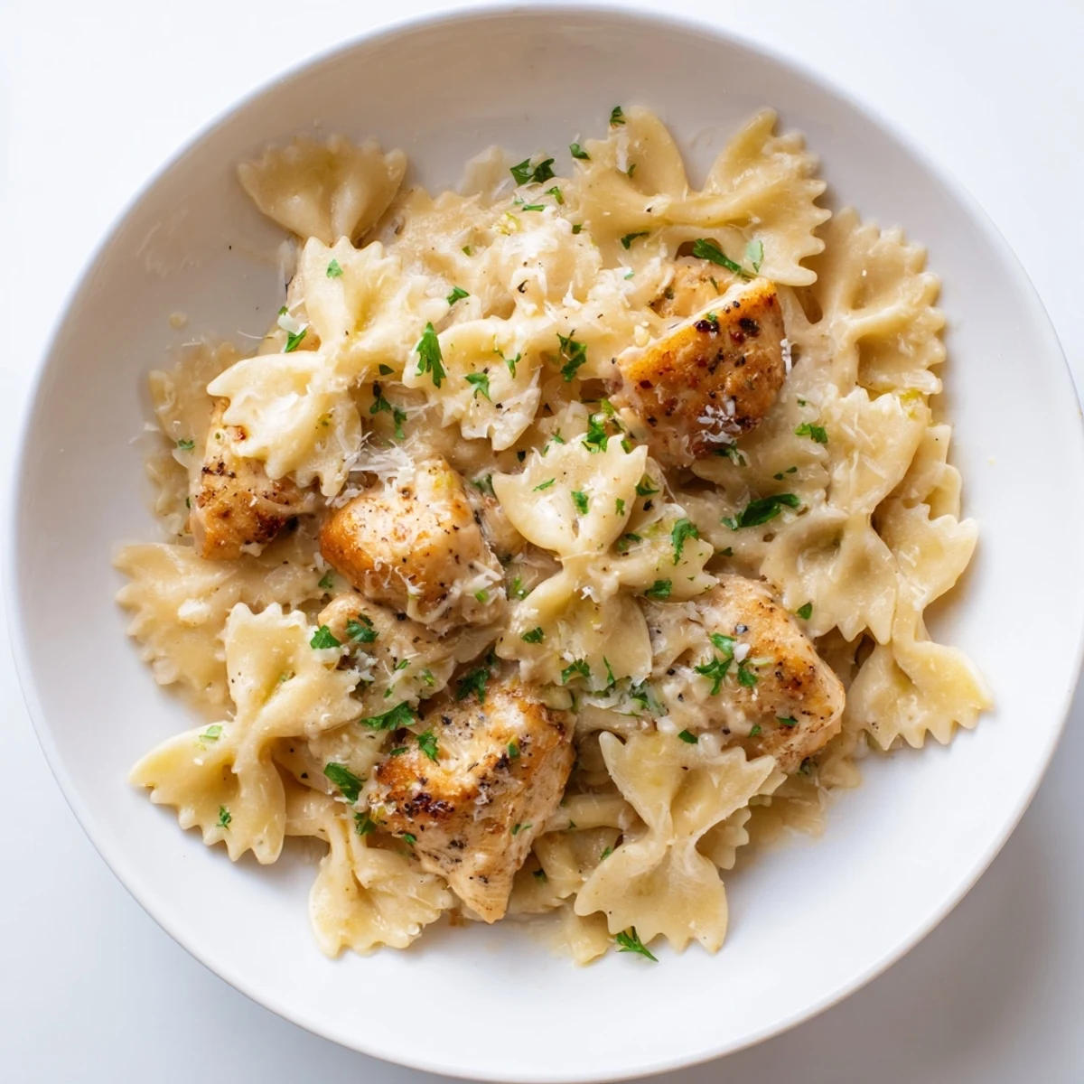 Tender chicken and bowtie pasta coated in Mozzarella Garlic Butter Chicken Bowties in Cheesy Cream sauce on a plate.