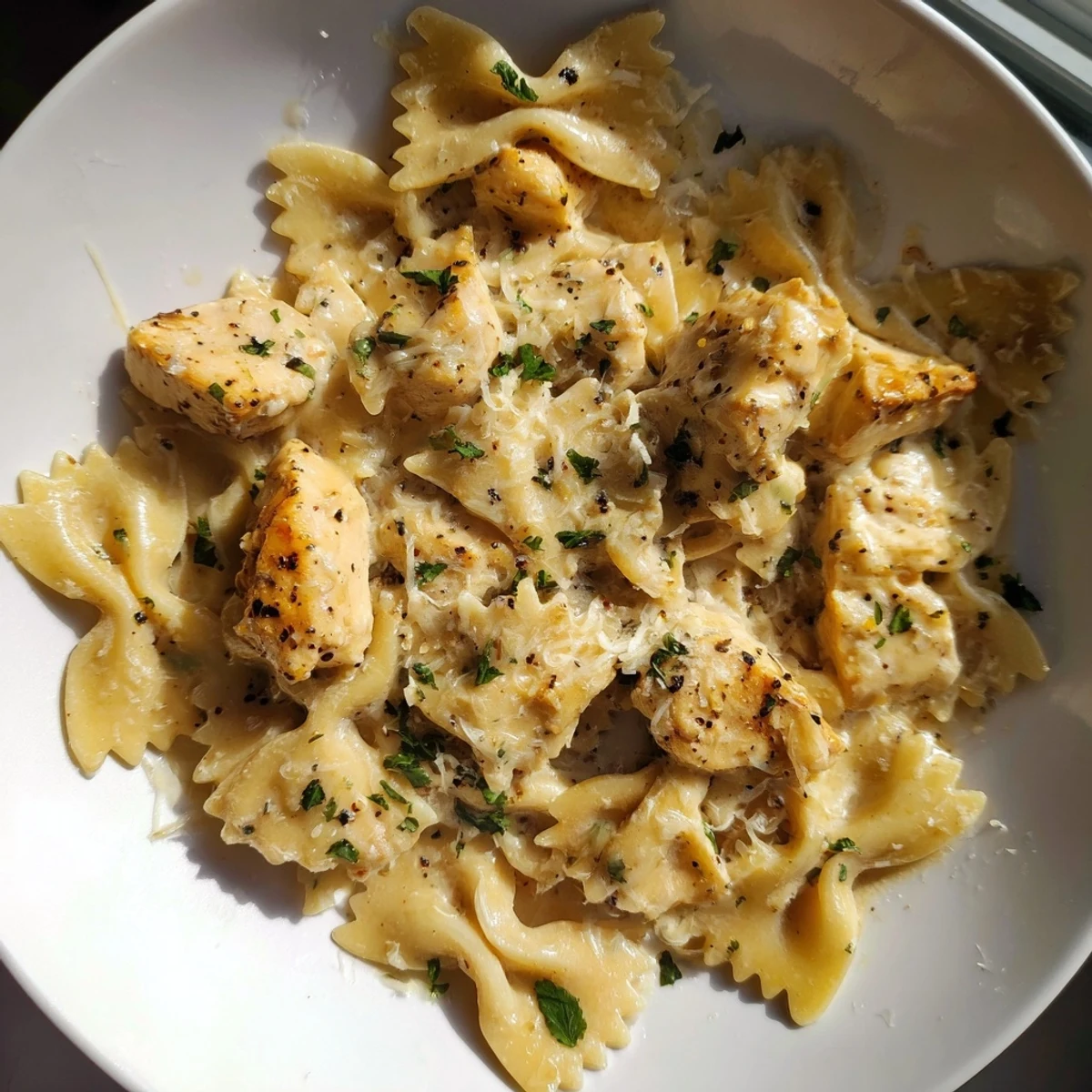 Steaming Mozzarella Garlic Butter Chicken Bowties in Cheesy Cream garnished with fresh parsley, ready for a comforting family dinner.