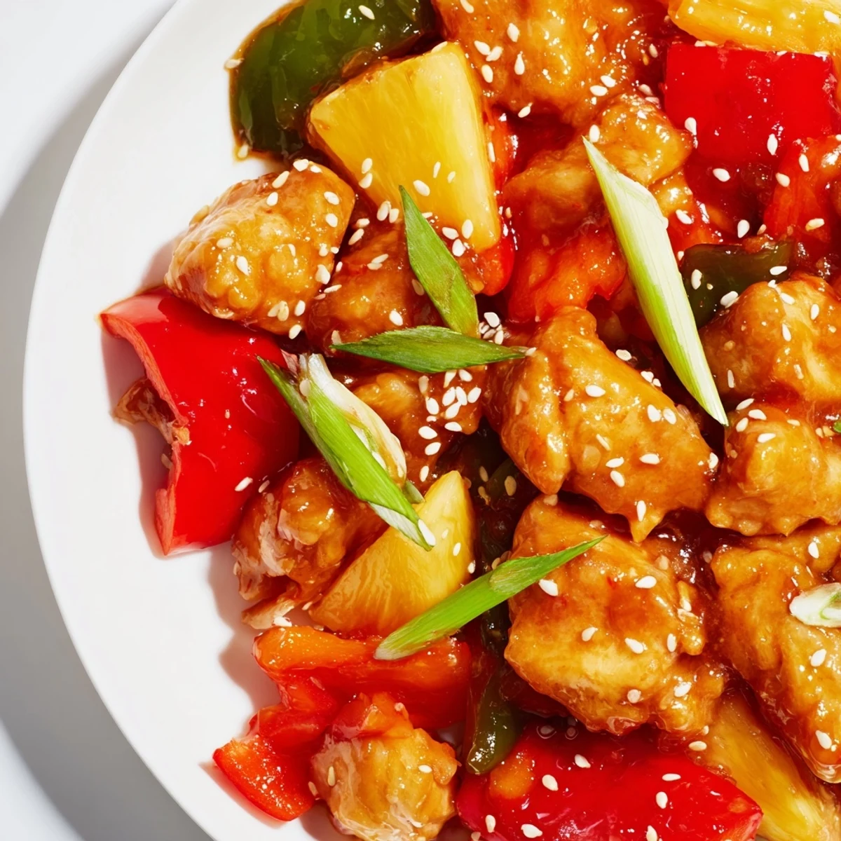 Tender chicken and colorful peppers in Pineapple Chicken Stir Fry with Sweet Chili and Sesame Seeds glisten under warm light.