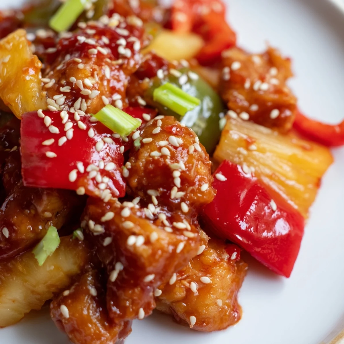 A close-up of Pineapple Chicken Stir Fry with Sweet Chili and Sesame Seeds shows fluffy rice and fresh scallions.