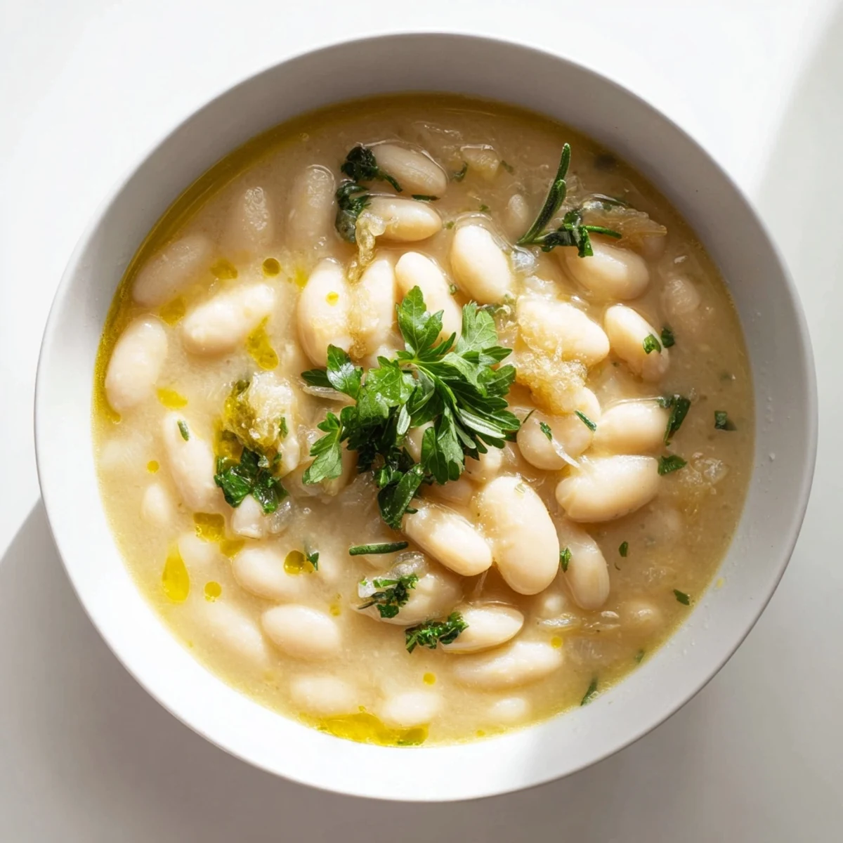 Creamy Rosemary and Roasted Garlic White Bean Soup garnished with fresh parsley in a rustic bowl.