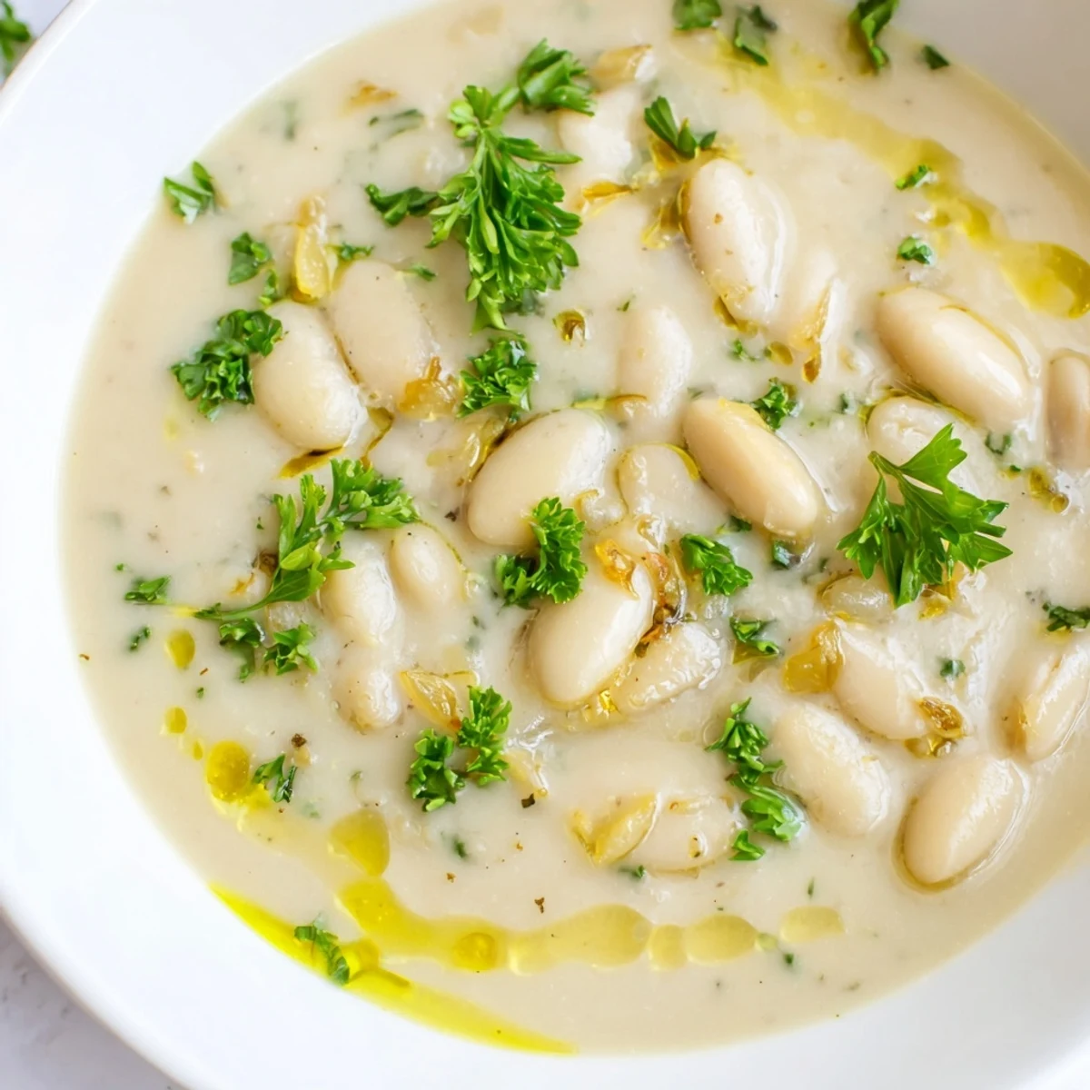 This vibrant Rosemary and Roasted Garlic White Bean Soup is served warm in a ceramic mug.